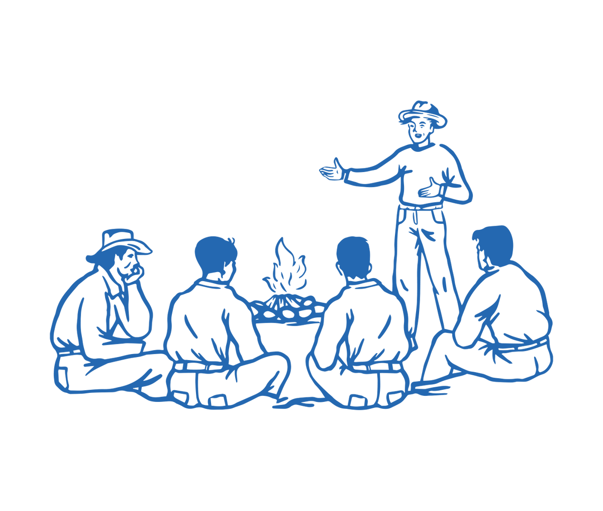Illustration of people sitting around a campfire, representing ALP's partnership with Foster’s Outriders supporting trade school scholarships.
