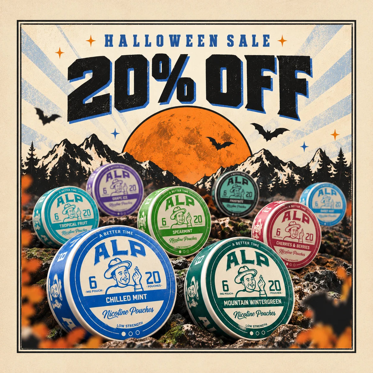 ALP nicotine pouches Halloween sale, 20% off, all flavours in front of mountains and an orange moon