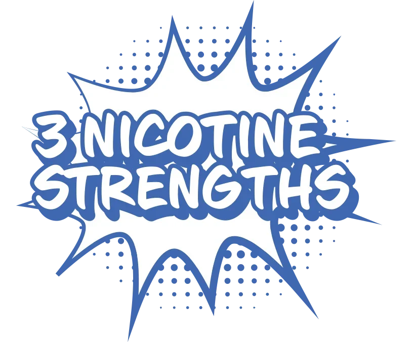 3 nicotine strengths written in bold blue text inside a comic-style starburst with a dotted background